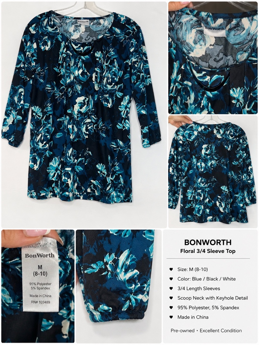 BonWorth Teal & Navy Floral 3/4 Sleeve Scoop Neck Top